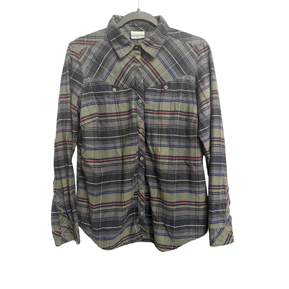 Columbia Womens Plaid Flannel Button Down Shirt Green Pink Large Western Yoke